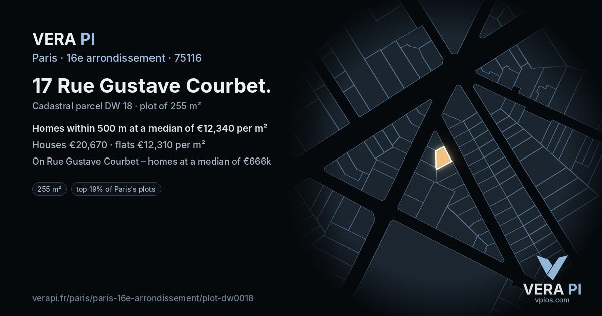 17 Rue Gustave Courbet, 16e arrondissement at night – the plot lit, the parcels around coloured by the prices near them
