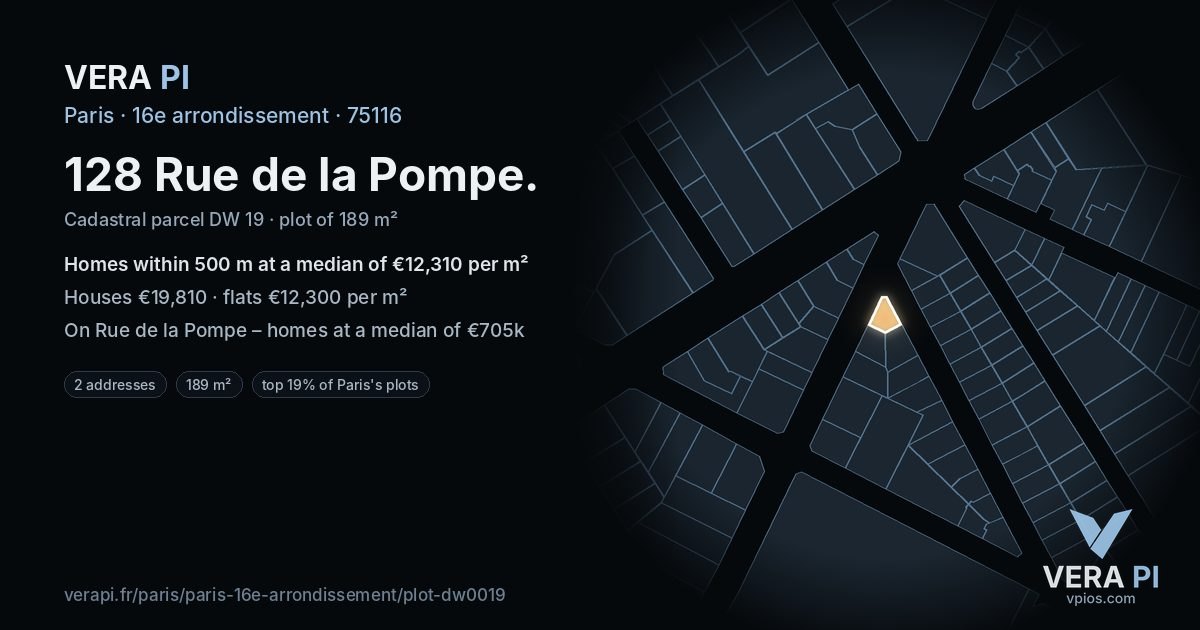 128 Rue de la Pompe, 16e arrondissement at night – the plot lit, the parcels around coloured by the prices near them