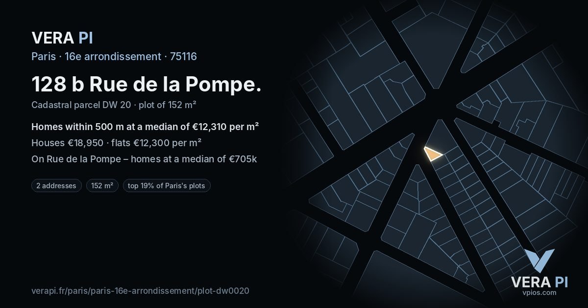 128 b Rue de la Pompe, 16e arrondissement at night – the plot lit, the parcels around coloured by the prices near them