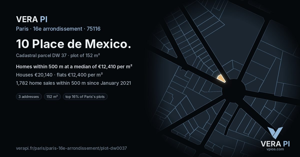 10 Place de Mexico, 16e arrondissement at night – the plot lit, the parcels around coloured by the prices near them
