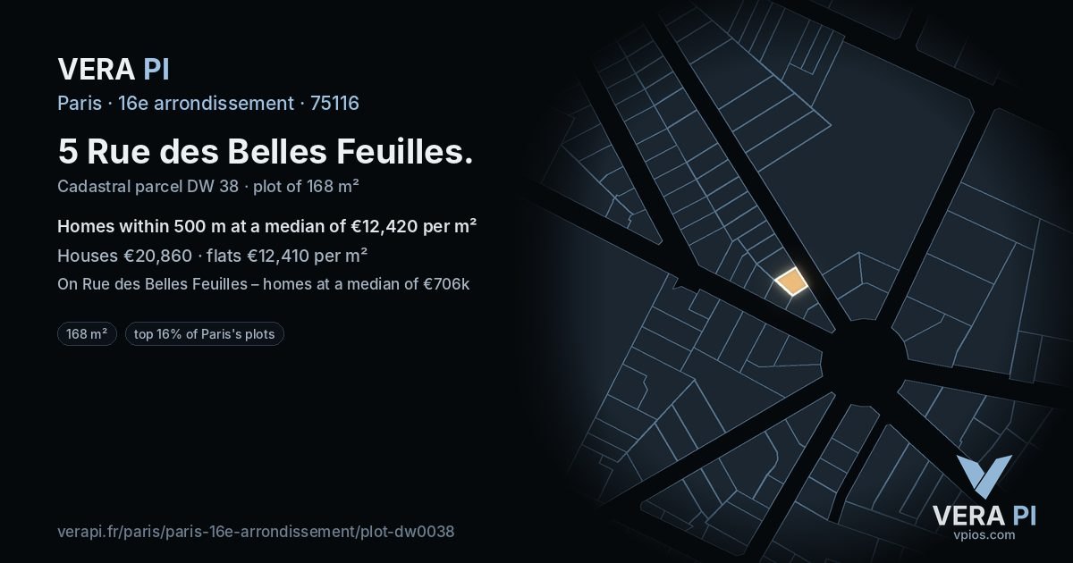 5 Rue des Belles Feuilles, 16e arrondissement at night – the plot lit, the parcels around coloured by the prices near them
