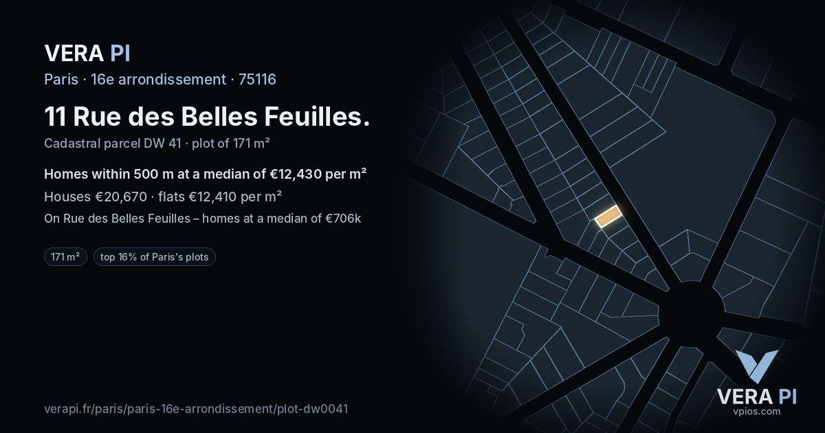 11 Rue des Belles Feuilles, 16e arrondissement at night – the plot lit, the parcels around coloured by the prices near them