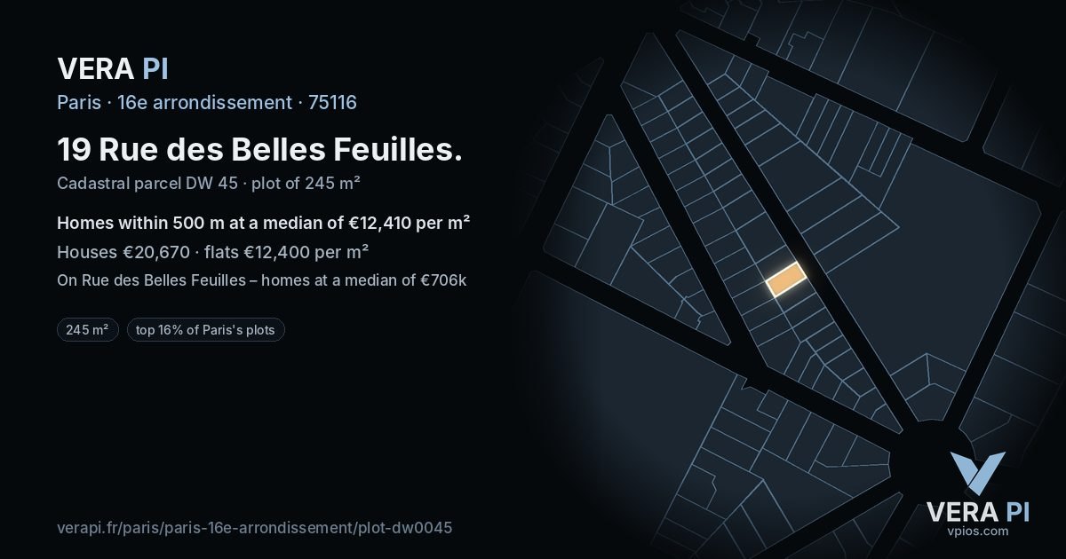 19 Rue des Belles Feuilles, 16e arrondissement at night – the plot lit, the parcels around coloured by the prices near them