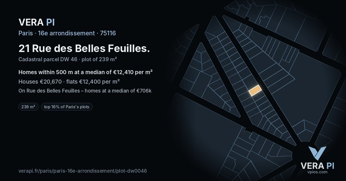 21 Rue des Belles Feuilles, 16e arrondissement at night – the plot lit, the parcels around coloured by the prices near them