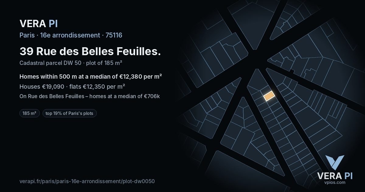 39 Rue des Belles Feuilles, 16e arrondissement at night – the plot lit, the parcels around coloured by the prices near them