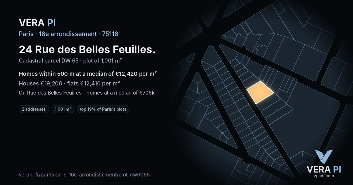 24 Rue des Belles Feuilles, 16e arrondissement at night – the plot lit, the parcels around coloured by the prices near them