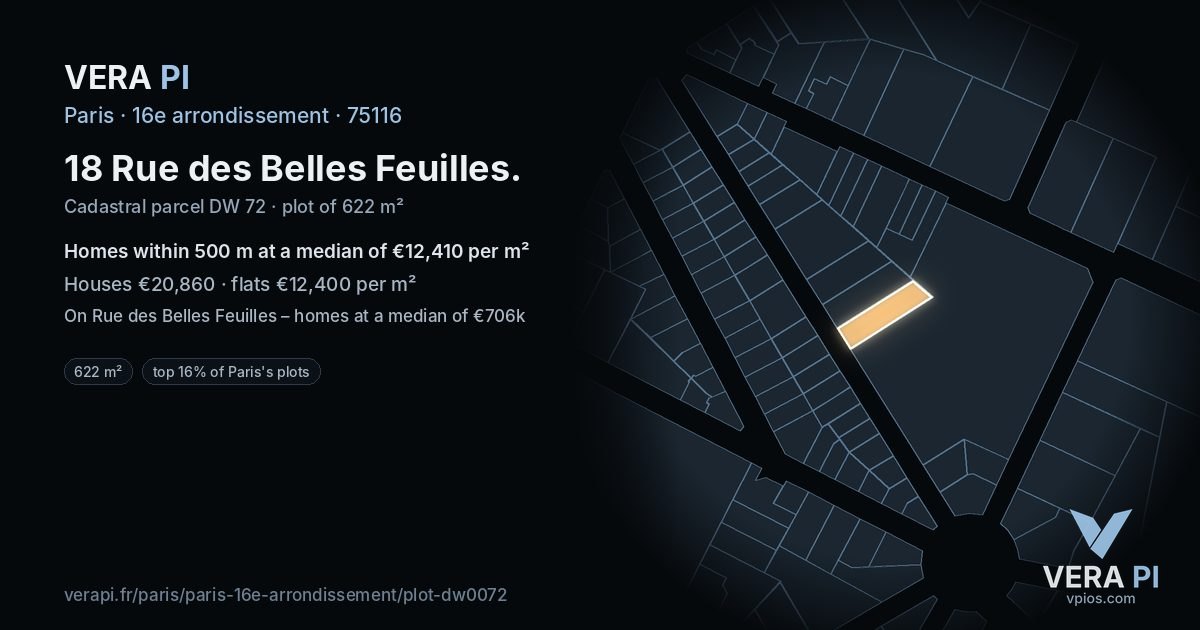 18 Rue des Belles Feuilles, 16e arrondissement at night – the plot lit, the parcels around coloured by the prices near them