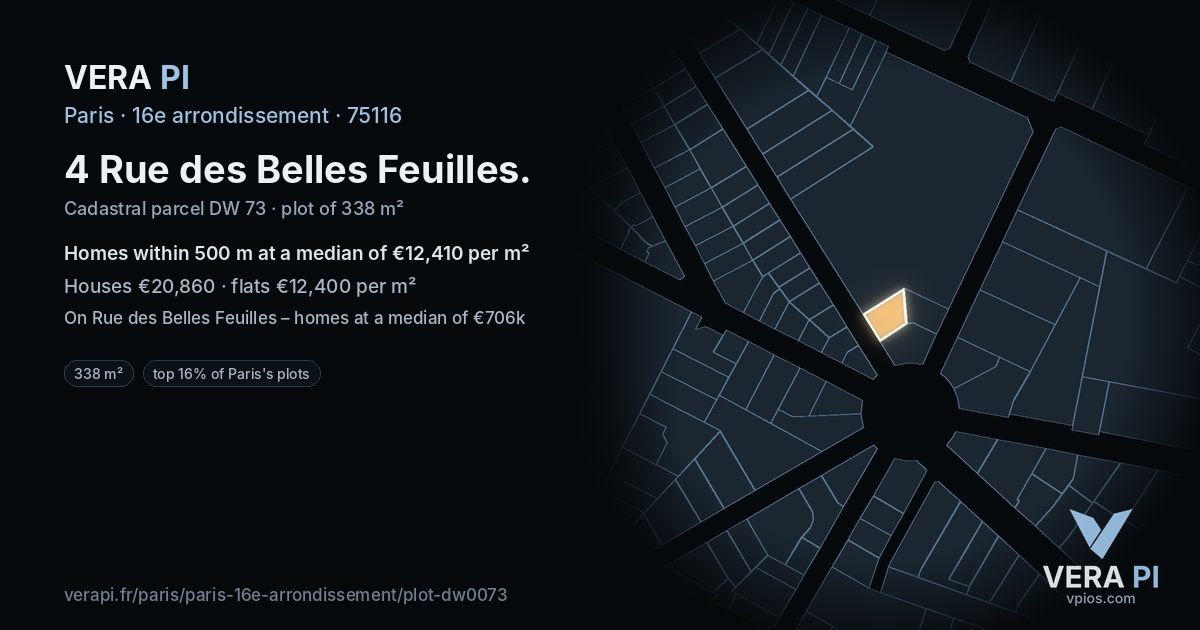 4 Rue des Belles Feuilles, 16e arrondissement at night – the plot lit, the parcels around coloured by the prices near them