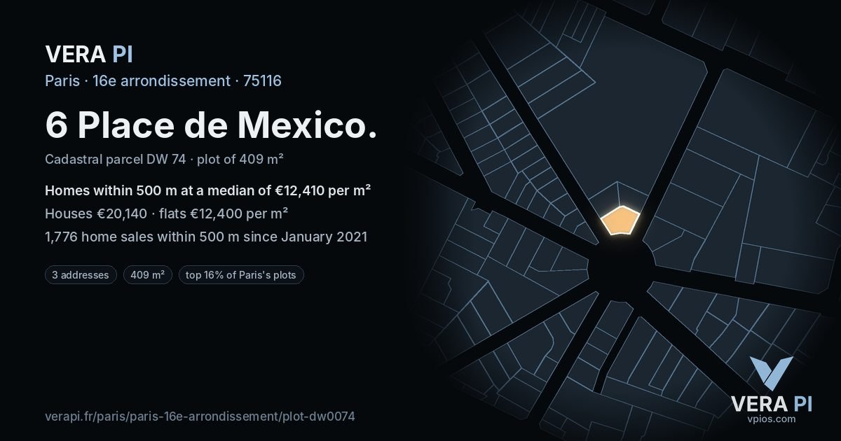 6 Place de Mexico, 16e arrondissement at night – the plot lit, the parcels around coloured by the prices near them