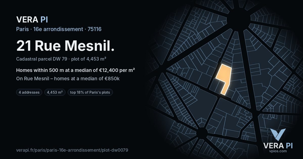 21 Rue Mesnil, 16e arrondissement at night – the plot lit, the parcels around coloured by the prices near them