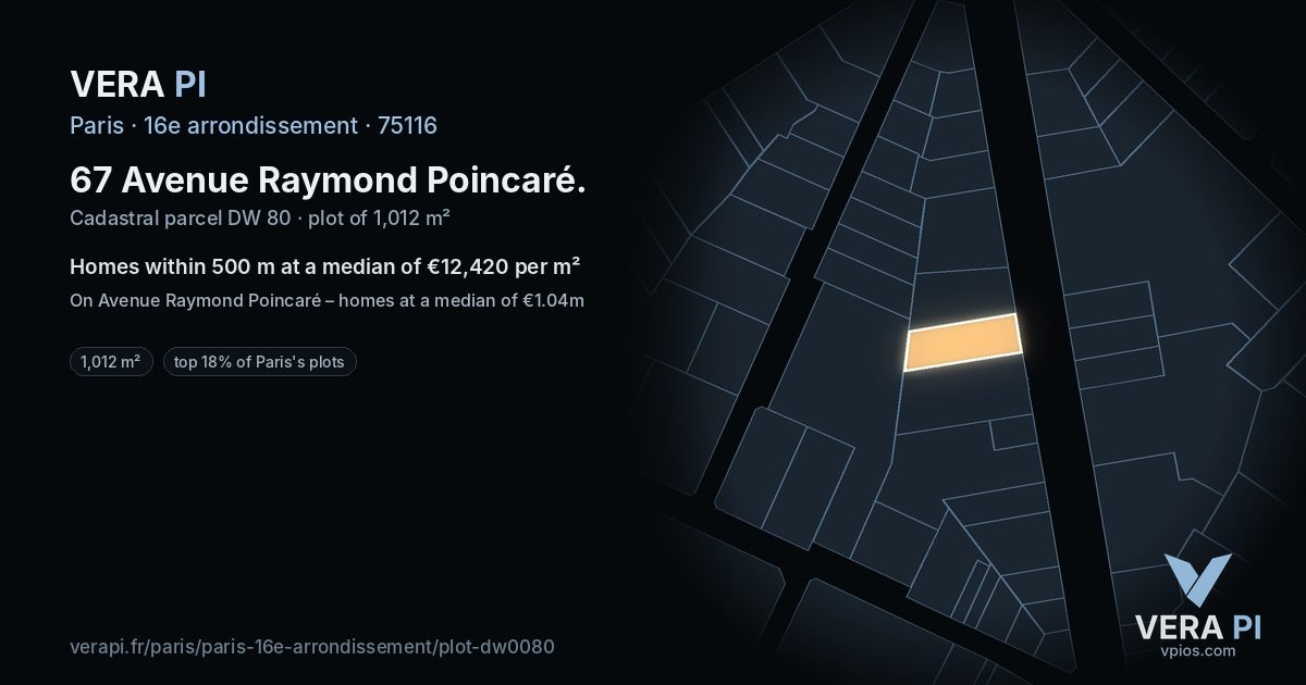 67 Avenue Raymond Poincaré, 16e arrondissement at night – the plot lit, the parcels around coloured by the prices near them
