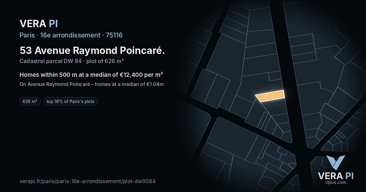 53 Avenue Raymond Poincaré, 16e arrondissement at night – the plot lit, the parcels around coloured by the prices near them