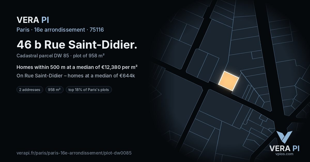 46 b Rue Saint-Didier, 16e arrondissement at night – the plot lit, the parcels around coloured by the prices near them