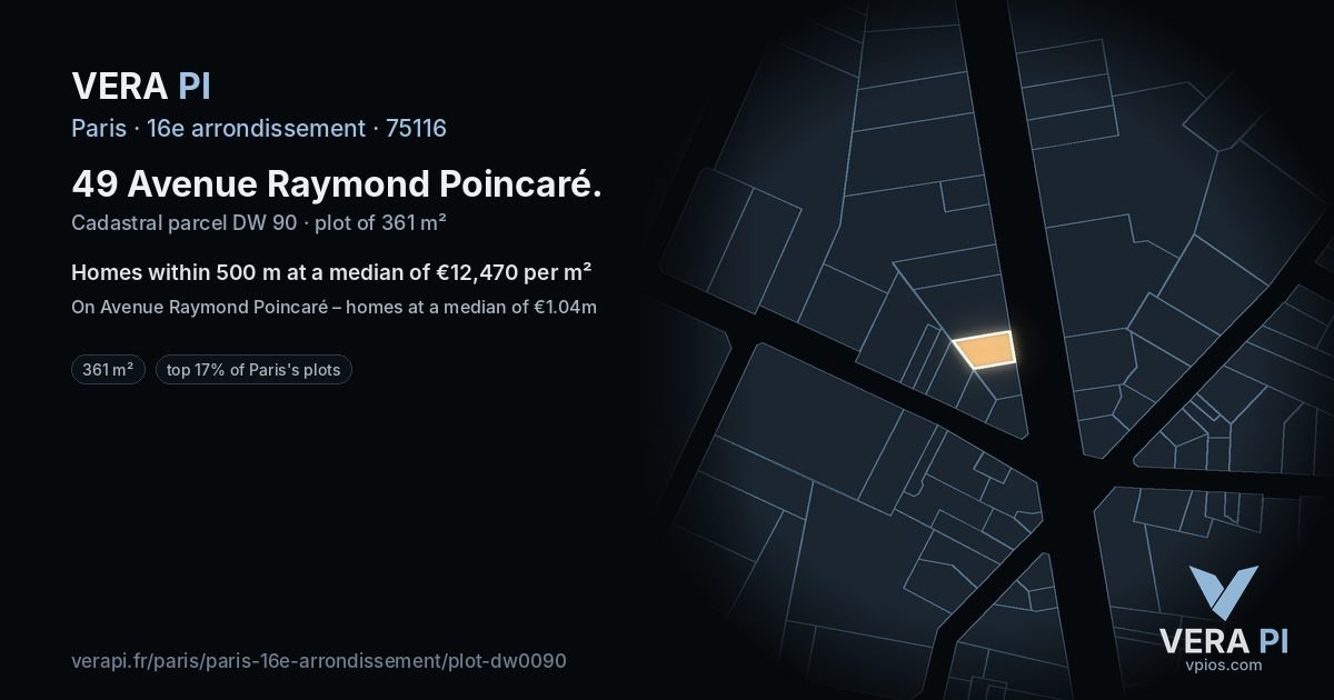 49 Avenue Raymond Poincaré, 16e arrondissement at night – the plot lit, the parcels around coloured by the prices near them