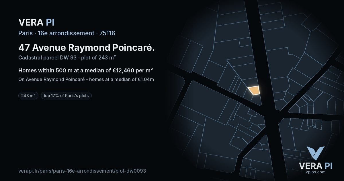 47 Avenue Raymond Poincaré, 16e arrondissement at night – the plot lit, the parcels around coloured by the prices near them