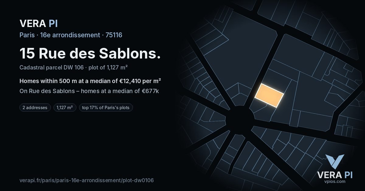 15 Rue des Sablons, 16e arrondissement at night – the plot lit, the parcels around coloured by the prices near them