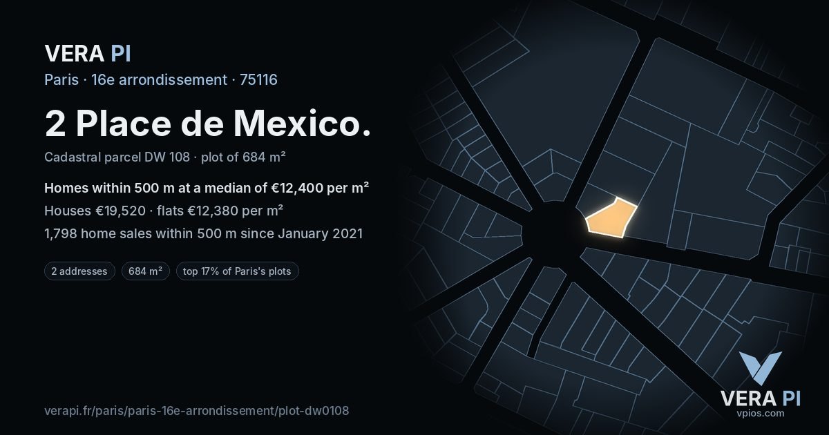2 Place de Mexico, 16e arrondissement at night – the plot lit, the parcels around coloured by the prices near them