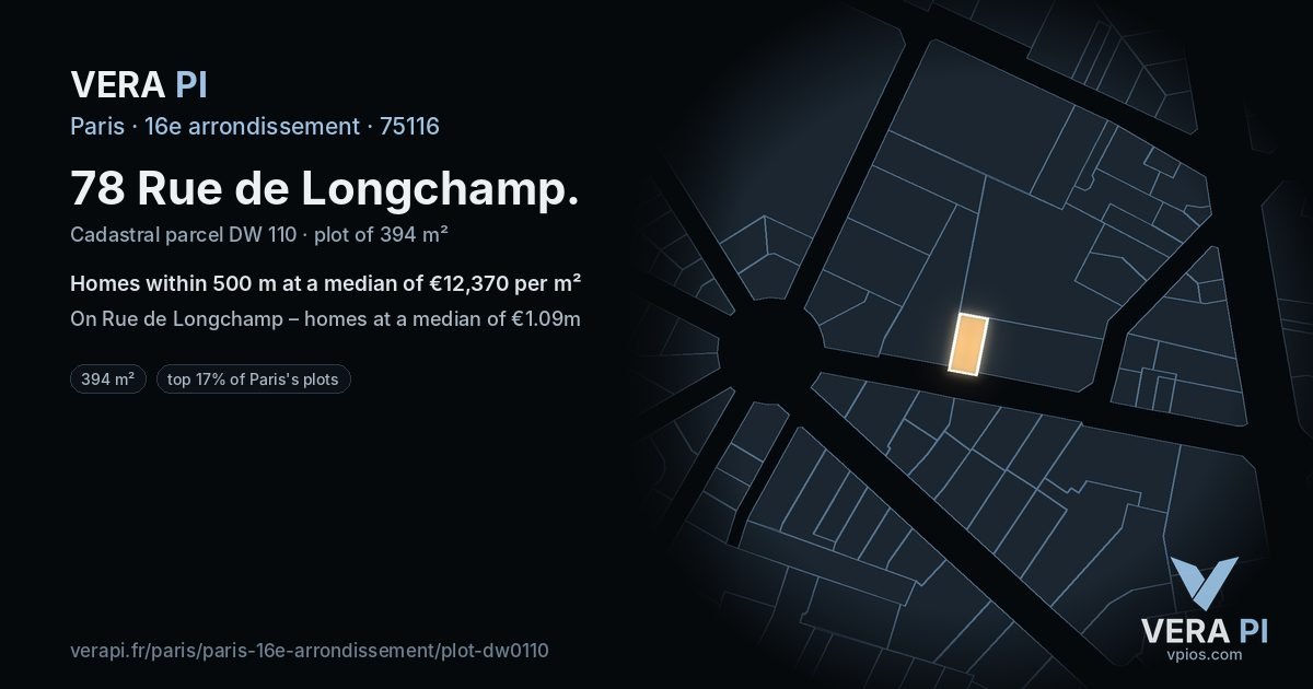 78 Rue de Longchamp, 16e arrondissement at night – the plot lit, the parcels around coloured by the prices near them