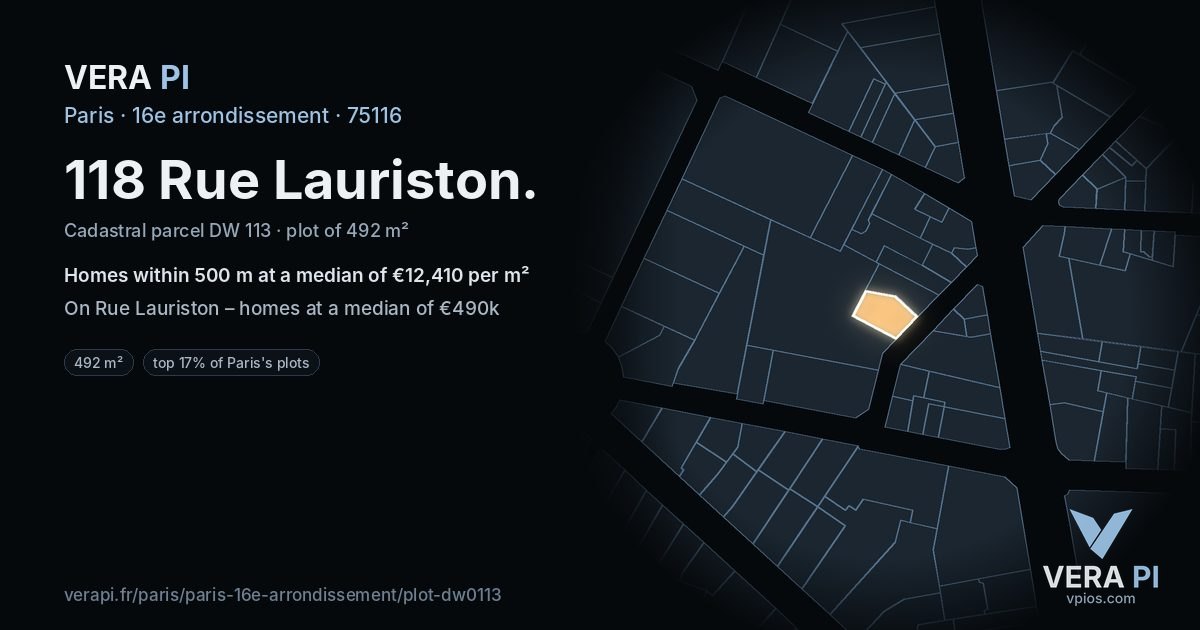 118 Rue Lauriston, 16e arrondissement at night – the plot lit, the parcels around coloured by the prices near them
