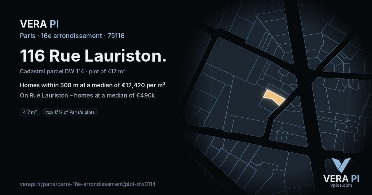 116 Rue Lauriston, 16e arrondissement at night – the plot lit, the parcels around coloured by the prices near them