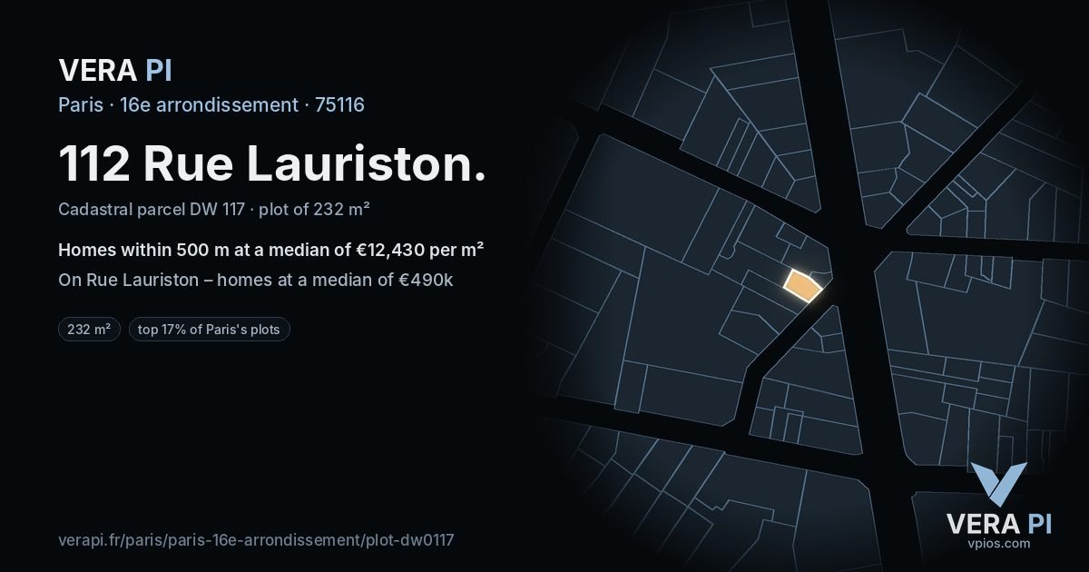112 Rue Lauriston, 16e arrondissement at night – the plot lit, the parcels around coloured by the prices near them