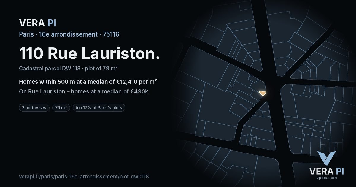 110 Rue Lauriston, 16e arrondissement at night – the plot lit, the parcels around coloured by the prices near them