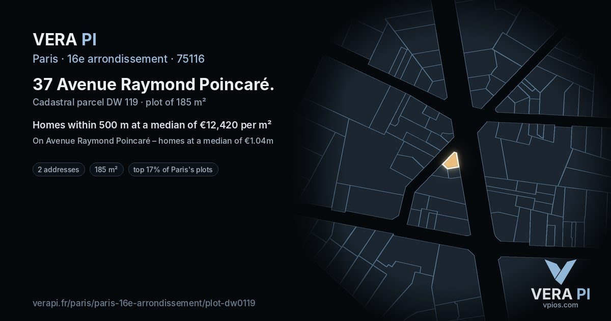 37 Avenue Raymond Poincaré, 16e arrondissement at night – the plot lit, the parcels around coloured by the prices near them