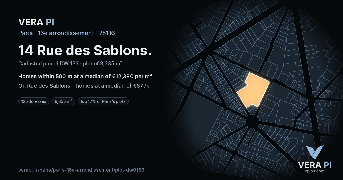 14 Rue des Sablons, 16e arrondissement at night – the plot lit, the parcels around coloured by the prices near them