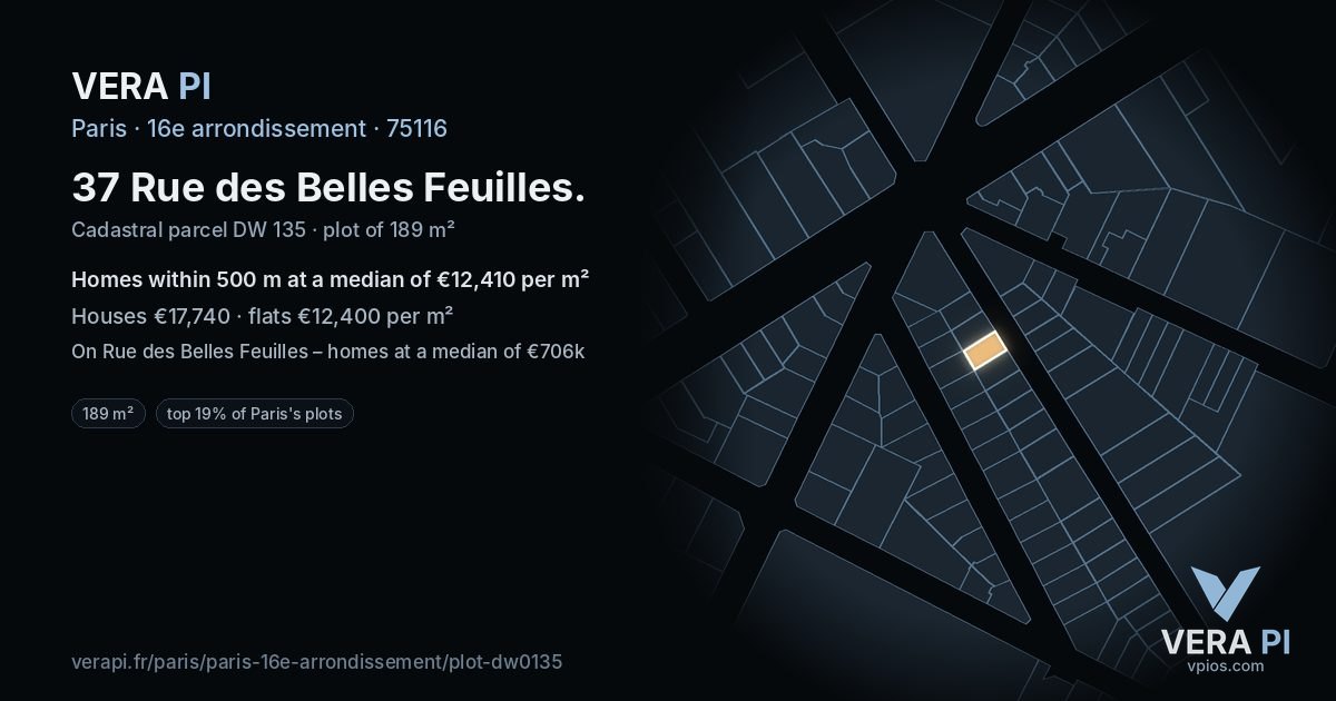37 Rue des Belles Feuilles, 16e arrondissement at night – the plot lit, the parcels around coloured by the prices near them