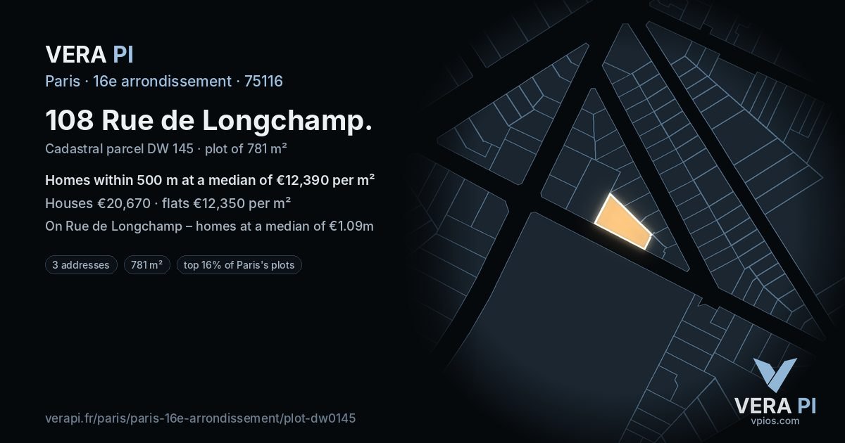 108 Rue de Longchamp, 16e arrondissement at night – the plot lit, the parcels around coloured by the prices near them
