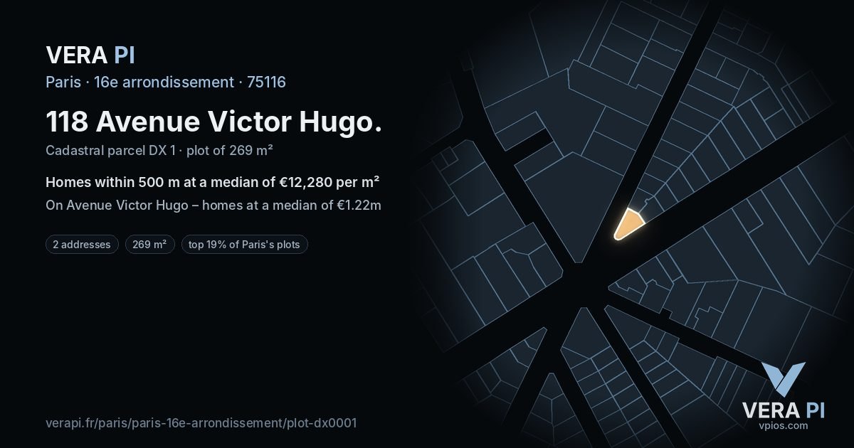 118 Avenue Victor Hugo, 16e arrondissement at night – the plot lit, the parcels around coloured by the prices near them