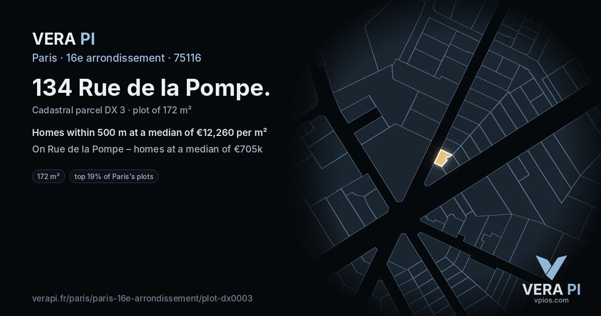 134 Rue de la Pompe, 16e arrondissement at night – the plot lit, the parcels around coloured by the prices near them
