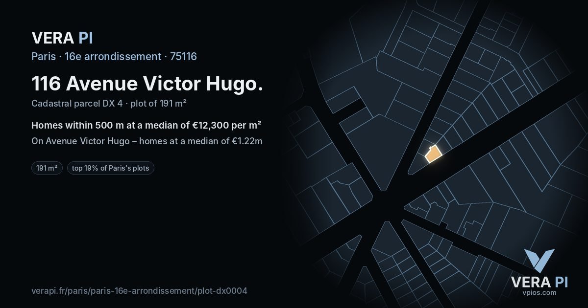 116 Avenue Victor Hugo, 16e arrondissement at night – the plot lit, the parcels around coloured by the prices near them