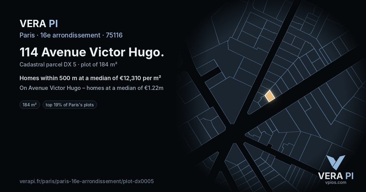 114 Avenue Victor Hugo, 16e arrondissement at night – the plot lit, the parcels around coloured by the prices near them