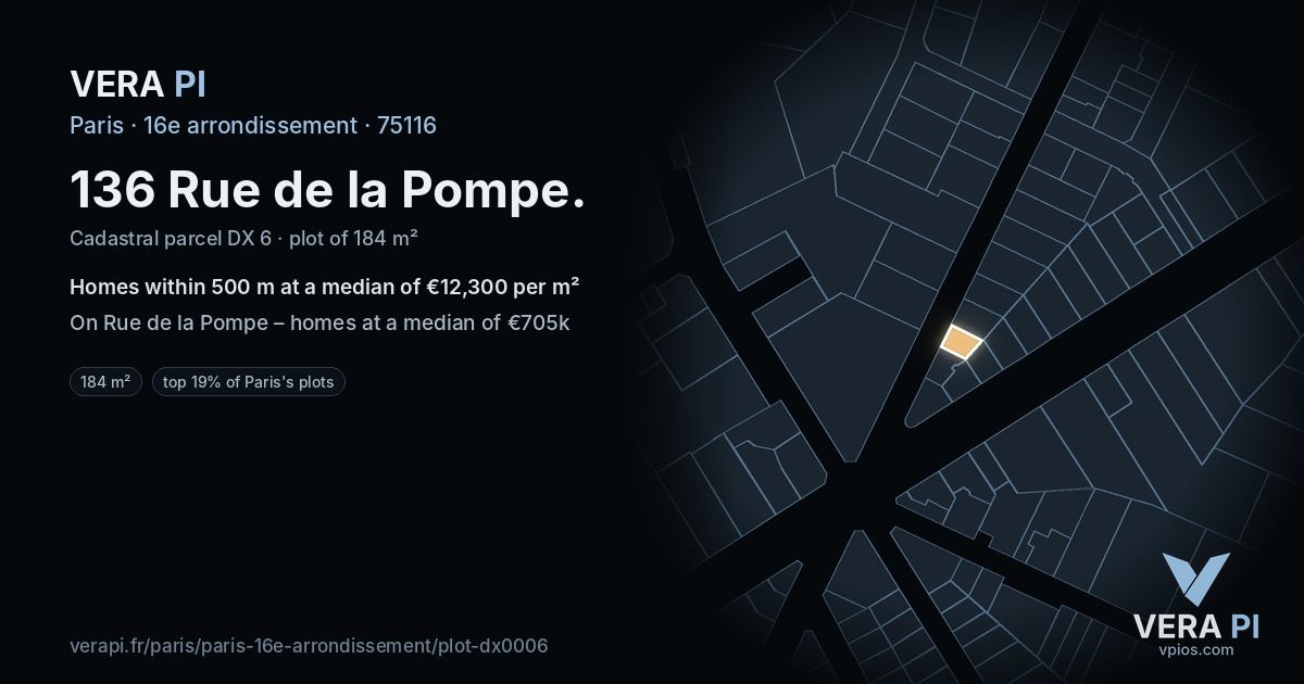 136 Rue de la Pompe, 16e arrondissement at night – the plot lit, the parcels around coloured by the prices near them