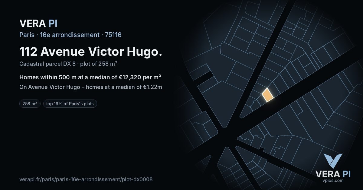 112 Avenue Victor Hugo, 16e arrondissement at night – the plot lit, the parcels around coloured by the prices near them