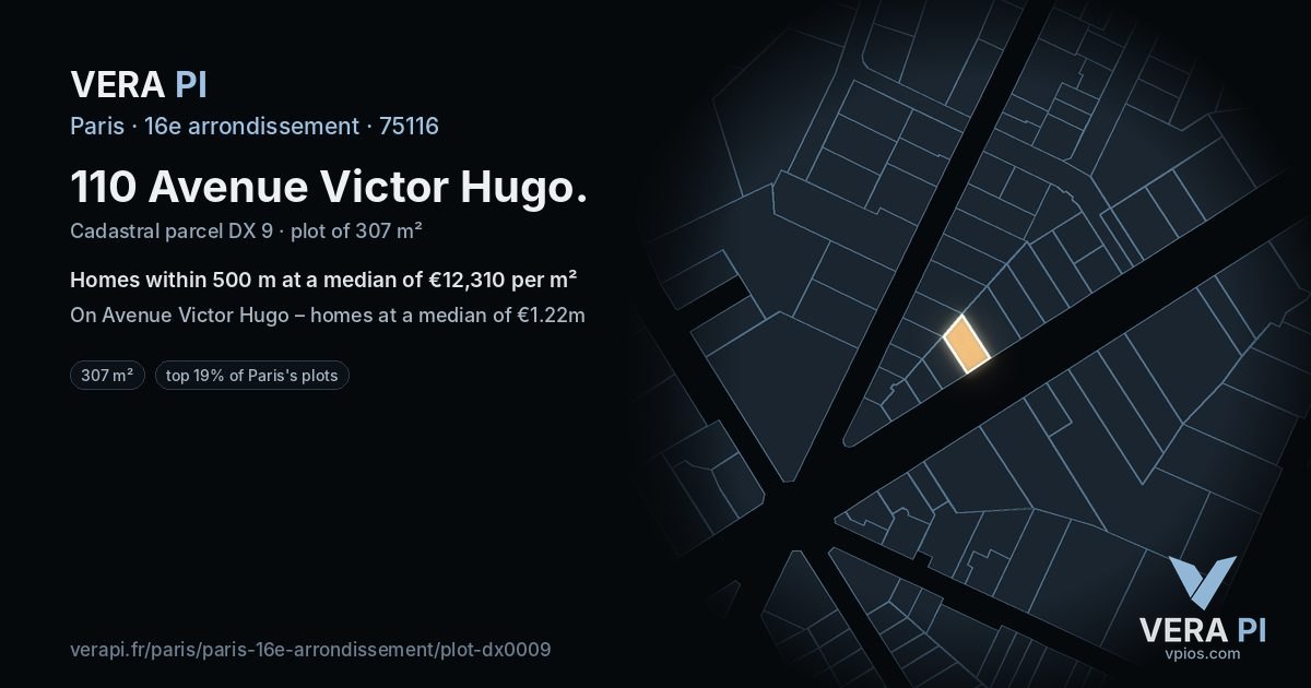 110 Avenue Victor Hugo, 16e arrondissement at night – the plot lit, the parcels around coloured by the prices near them