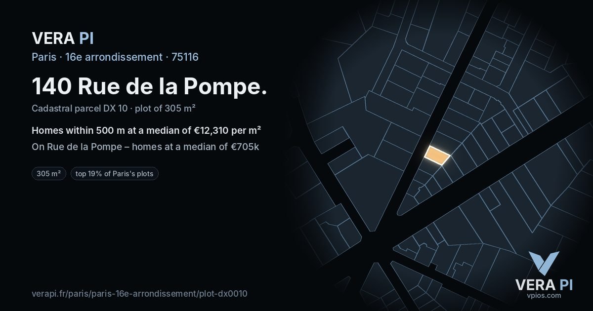 140 Rue de la Pompe, 16e arrondissement at night – the plot lit, the parcels around coloured by the prices near them