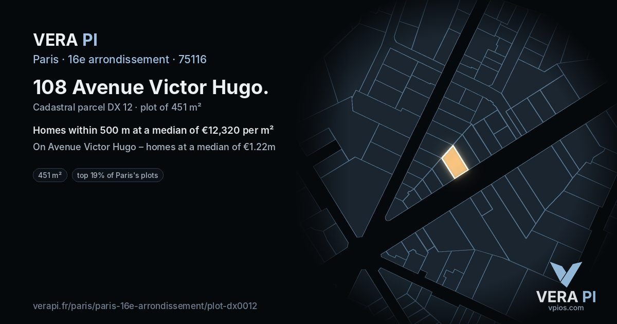 108 Avenue Victor Hugo, 16e arrondissement at night – the plot lit, the parcels around coloured by the prices near them