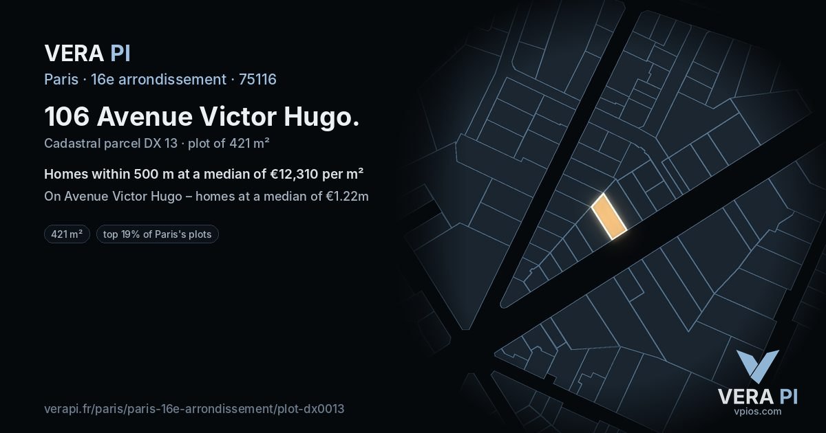 106 Avenue Victor Hugo, 16e arrondissement at night – the plot lit, the parcels around coloured by the prices near them