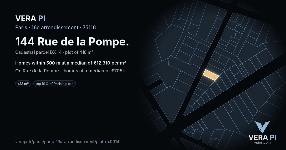 144 Rue de la Pompe, 16e arrondissement at night – the plot lit, the parcels around coloured by the prices near them