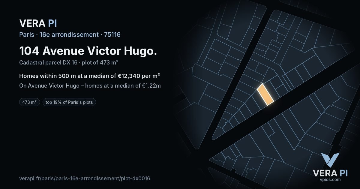 104 Avenue Victor Hugo, 16e arrondissement at night – the plot lit, the parcels around coloured by the prices near them