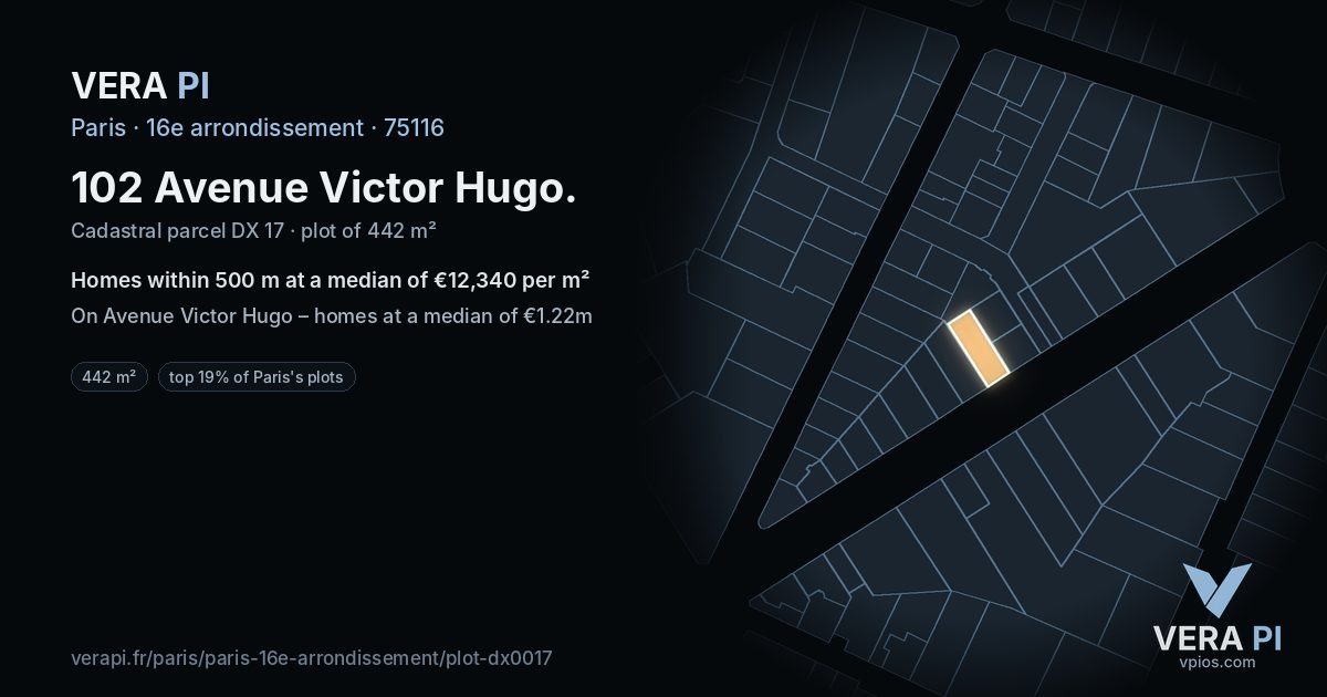 102 Avenue Victor Hugo, 16e arrondissement at night – the plot lit, the parcels around coloured by the prices near them