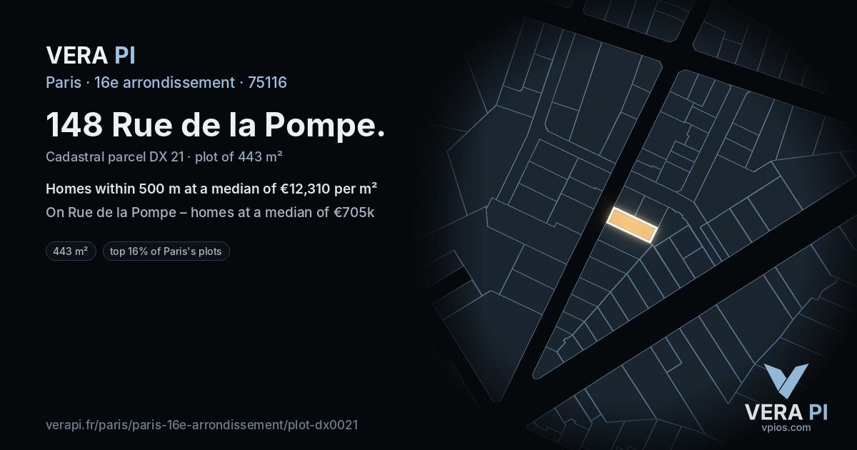 148 Rue de la Pompe, 16e arrondissement at night – the plot lit, the parcels around coloured by the prices near them