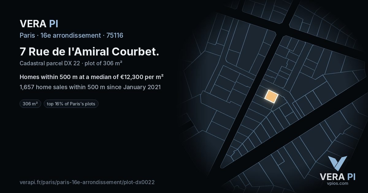 7 Rue de l'Amiral Courbet, 16e arrondissement at night – the plot lit, the parcels around coloured by the prices near them
