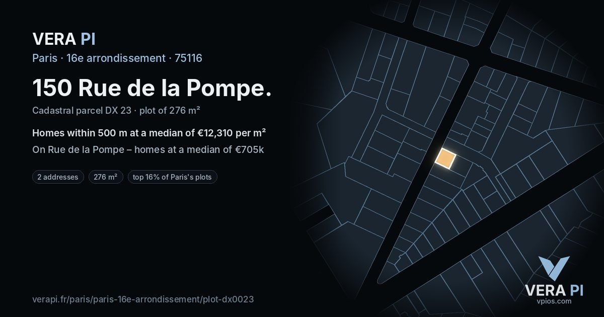 150 Rue de la Pompe, 16e arrondissement at night – the plot lit, the parcels around coloured by the prices near them