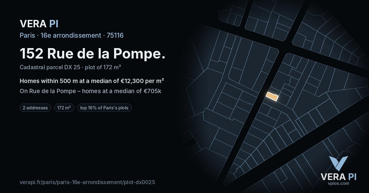 152 Rue de la Pompe, 16e arrondissement at night – the plot lit, the parcels around coloured by the prices near them