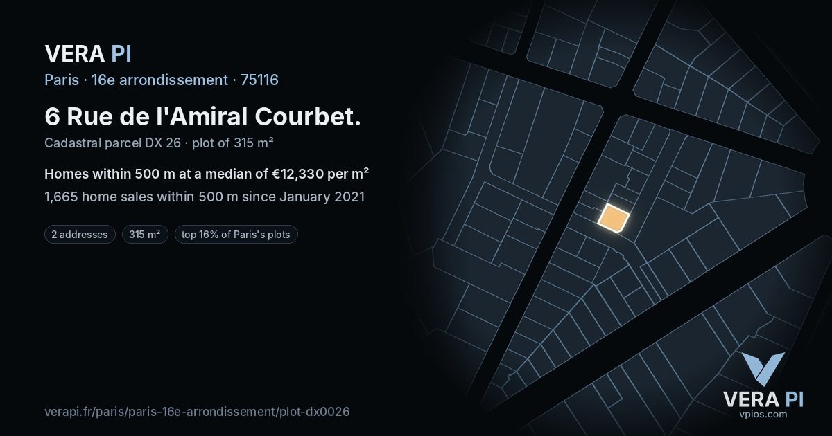 6 Rue de l'Amiral Courbet, 16e arrondissement at night – the plot lit, the parcels around coloured by the prices near them