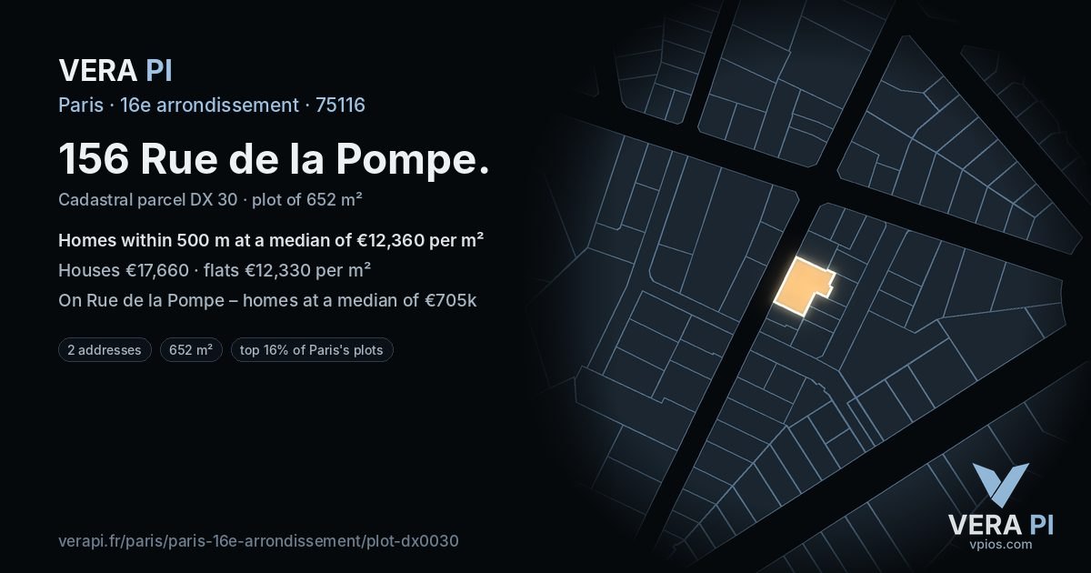 156 Rue de la Pompe, 16e arrondissement at night – the plot lit, the parcels around coloured by the prices near them