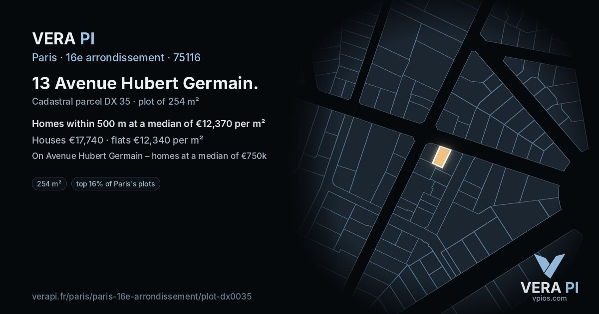 13 Avenue Hubert Germain, 16e arrondissement at night – the plot lit, the parcels around coloured by the prices near them